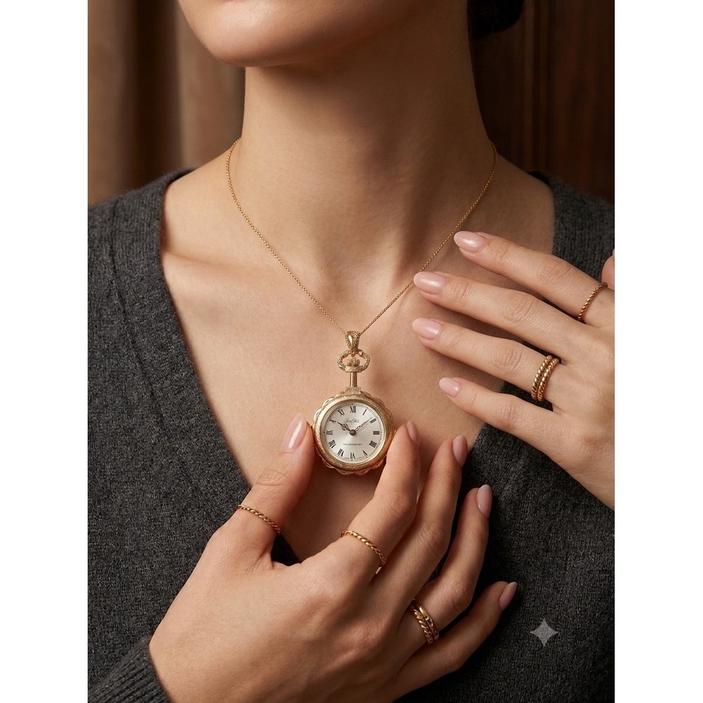 Vintage Sheffield Swiss Made Gold Tone Floral Engraved Pendant Watch Necklace